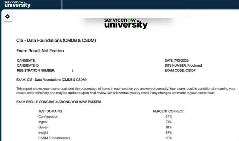 CIS-Data Foundations (CMDB and CSDM) CIS-DF passing exam report 1